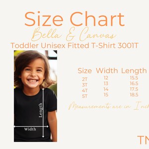 Puede incluir: Tabla de tallas para una camiseta ajustada unisex para ni&ntilde;os peque&ntilde;os, que muestra las medidas de ancho y largo en pulgadas para las tallas 2T, 3T, 4T y 5T. La tabla est&aacute; etiquetada como "Bella & Canvas Toddler Unisex Fitted T-Shirt 3001T".