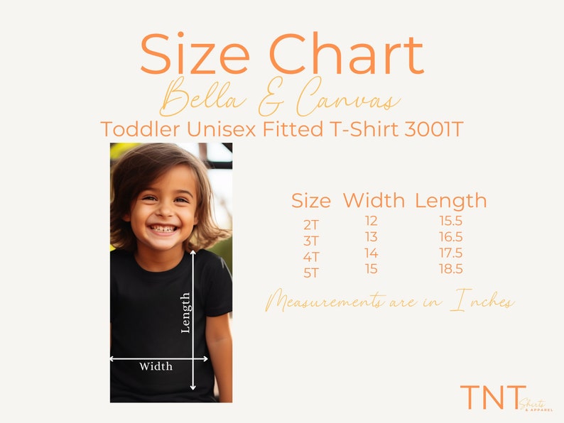 Puede incluir: Tabla de tallas para una camiseta ajustada unisex para ni&ntilde;os peque&ntilde;os, que muestra las medidas de ancho y largo en pulgadas para las tallas 2T, 3T, 4T y 5T. La tabla est&aacute; etiquetada como "Bella & Canvas Toddler Unisex Fitted T-Shirt 3001T".