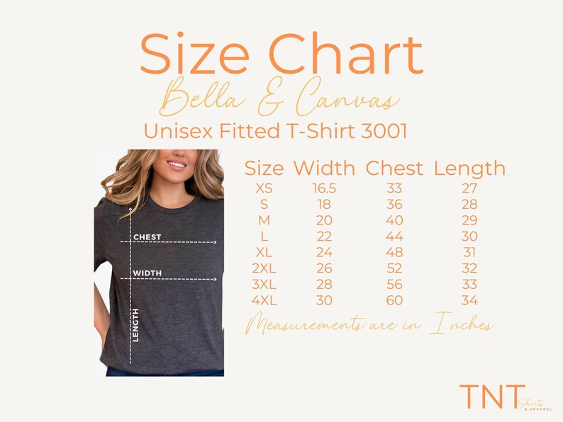 May include: Size chart for a unisex fitted t-shirt, showing measurements in inches for width, chest, and length. Sizes range from XS to 4XL.