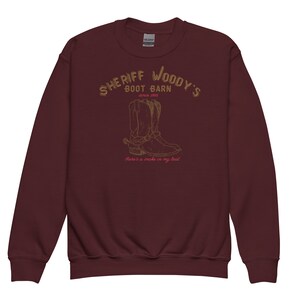 Sheriff Woody's Boot Barn, Subtle Theme Park Youth Crewneck Sweatshirt, Kid's Gift, Group Tee, Family Clothing, Matching Outfit