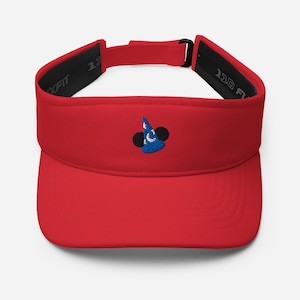 May include: Red visor with a black adjustable strap and an embroidered blue and black Mickey Mouse head wearing a sorcerer's hat.