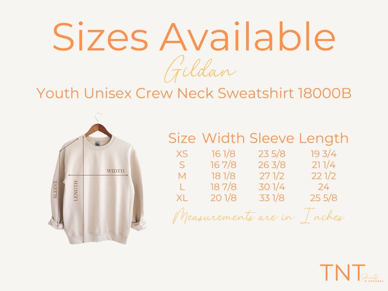 May include: A size chart for a youth unisex crew neck sweatshirt. The chart shows the size, width, sleeve length, and length in inches. The chart is for Gildan 18000B sweatshirts.