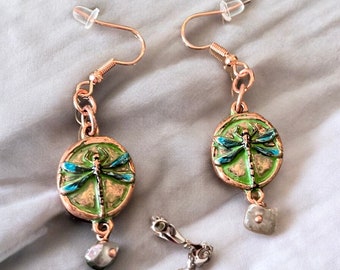 Antique Copper Dragonfly Earrings, Lightweight Dangle Earrings