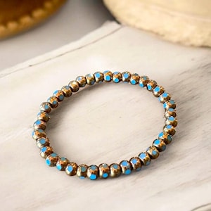 Copper and blue beaded bracelet; cut out bead style, stretch bead bracelet, simple and elegant