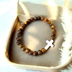 Tigers eye stone beaded bracelet with shell bead cross, religious bracelet, faith bracelet, Christian bracelet, approx 7.25 inches
