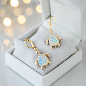 Iridescent Sea Turtle Earrings, 18k Gold Plated Hooks