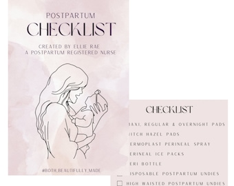 May include: A postpartum checklist with a watercolor background. The text reads "Postpartum Checklist" and is created by Ellie Rae, a postpartum registered nurse. The checklist includes items like pads, spray, ice packs, nursing bras, and a breastmilk storage bottle.