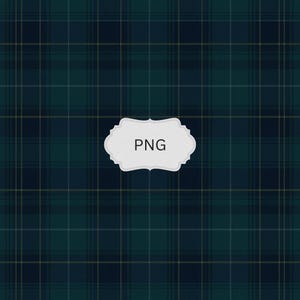 Pode incluir: Um padrão sem costura com um design de tartan clássico em tons de verde escuro, azul marinho e dourado. O padrão é uma grade de linhas que se cruzam, criando um efeito de xadrez tradicional. Um rótulo branco com o texto "PNG" é sobreposto ao padrão.