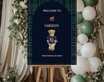 Grün kariertes Teddybär-Babyparty-Willkommensschild (Canva bearbeitbare Vorlage, 18x24 Zoll, digitaler Download