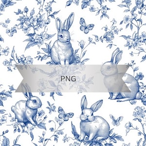 May include: A blue and white floral pattern featuring illustrations of rabbits and butterflies. The design includes detailed drawings of flowers and foliage, creating a classic, vintage aesthetic. The word "PNG" is displayed across the image.