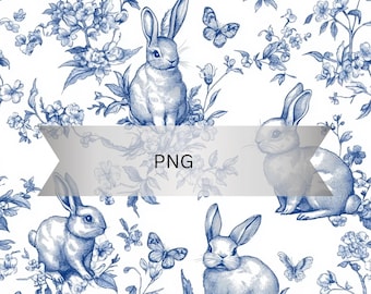 Oster Chinoiserie-Häschen Muster Digitales Papier (PNG) auf blau-weißem Hintergrund