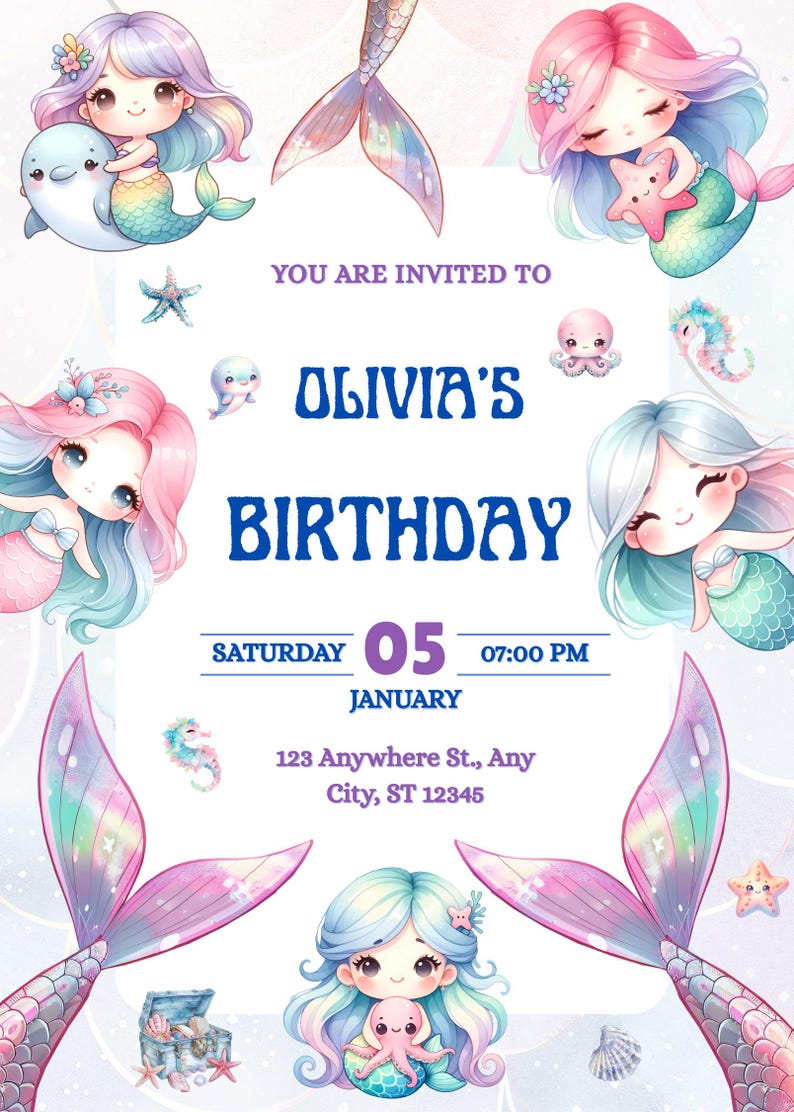May include: A mermaid-themed birthday invitation featuring cartoon mermaids with colorful hair and tails. The invitation includes the text "Olivia's Birthday" and event details: Saturday, January 5th, 7:00 PM.