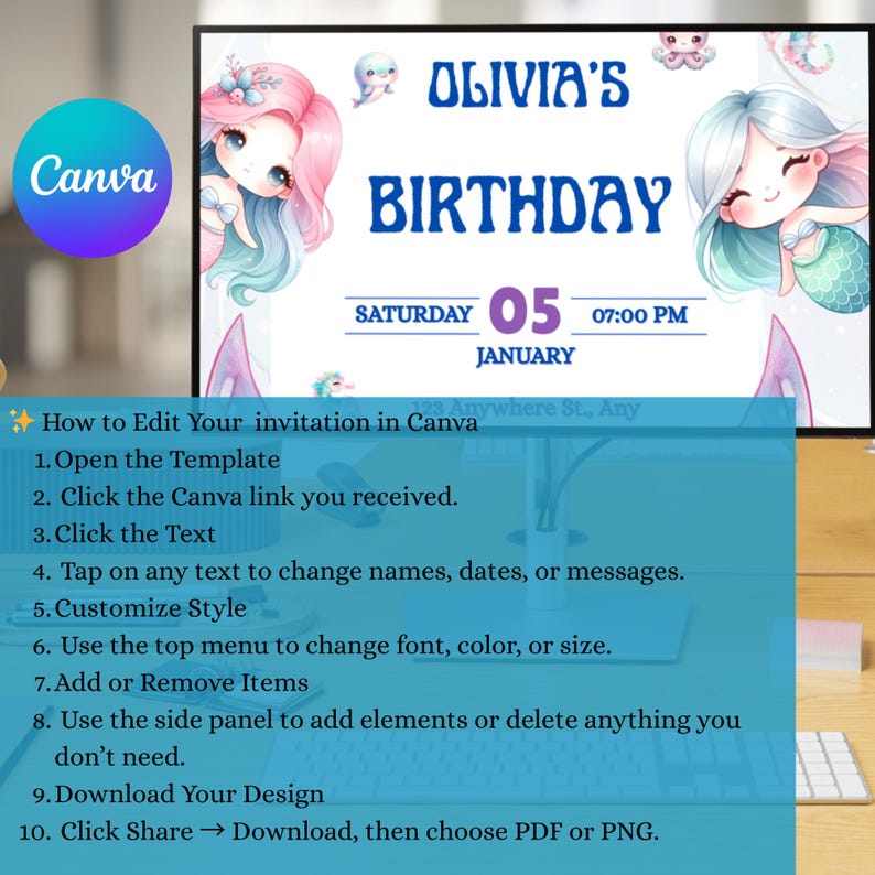 May include: A digital birthday invitation featuring the text "Olivia's Birthday" with mermaid illustrations. The date is Saturday, January 5th, at 7:00 PM. Instructions on how to edit the invitation in Canva are also included.