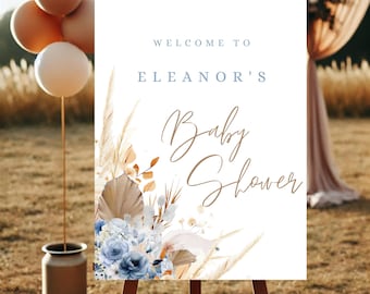 Blaues Boho Willkommensschild für die Babyparty, Babyparty Dekor (Digitaler Download, 50x70cm)