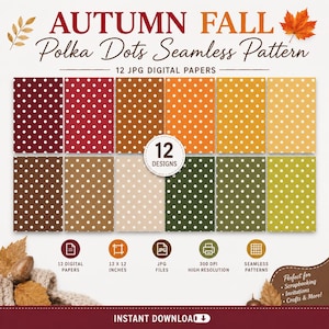 Può includere: Una collezione di 12 carte digitali con un motivo a pois senza cuciture a tema autunnale. Ogni design rettangolare mostra un colore di sfondo solido nelle tonalità rosso, arancione, giallo, marrone, beige e verde con pois bianchi.