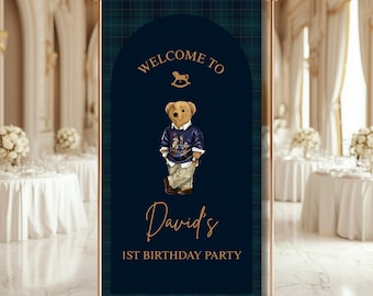 Preppy Polo Bear Willkommen Schild 6×3 ft Grün Kariert Banner (Digitaler Download)