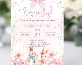 Hase Gender Reveal Einladung | Bearbeitbare Junge oder Mädchen einladen (Digitaler Download)