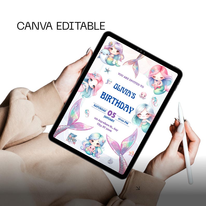 May include: A digital tablet displays a mermaid-themed birthday invitation. The invitation features illustrations of mermaids, mermaid tails, and aquatic elements. Text includes "Olivia's Birthday" and event details. The tablet is held by a person.