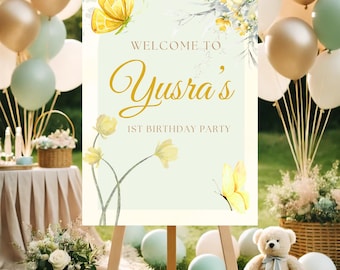 "Gelber Garten ""Welcome"" Geburtstagsschild mit Schmetterlingen (Digitaler Download)"