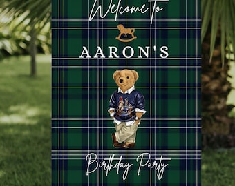 Grün karierter Teddybär Willkommensschild, Preppy Party Decor (digitaler Download)