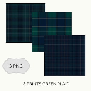 以下が含まれることがあります： 濃い緑色とネイビーブルーの色合いの、金色の線が入った3つの緑色のチェック柄。画像には「3 PNG」と「3 PRINTS GREEN PLAID」というテキストが含まれています。