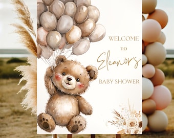Boho Teddybär Willkommensschild: Bearbeitbares Babypartydekor (Canva Vorlage Digitaler Download)