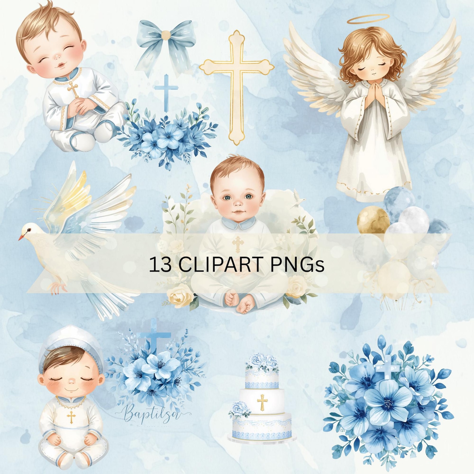 Baby Boy Baptism Clipart Bundle, Christening Graphics Set, Catholic ...