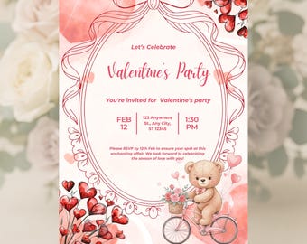 Teddy Bear Valentine Party Invitation | Animated Kids Invite (Canva Editable PNG MP4)
