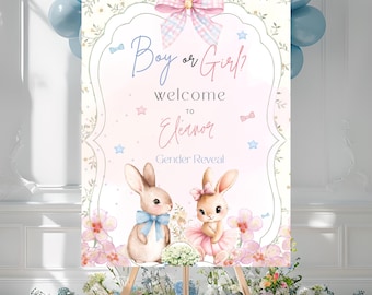 Hase Gender Reveal Willkommensschild | Bearbeitbares Babyparty Dekor (24 x 18 Zoll Digital Download)