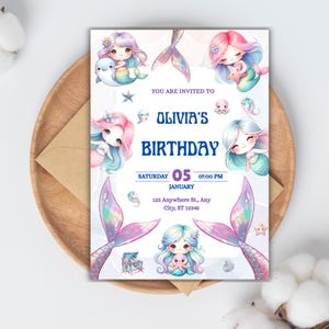 May include: A mermaid-themed birthday invitation with the text "Olivia's Birthday". The invitation features illustrations of mermaids, seahorses, and other aquatic elements. The date is Saturday, January 5th, at 7:00 PM.