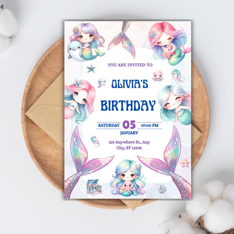 May include: A mermaid-themed birthday invitation with the text "Olivia's Birthday". The invitation features illustrations of mermaids, seahorses, and other aquatic elements. The date is Saturday, January 5th, at 7:00 PM.