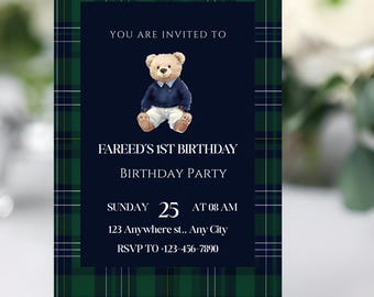 Karierte grüne Teddybär-Einladung Tartan-Reiter bearbeitbares Thema | Canva Vorlage | Sofort Download