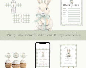 Bunny Some Bunny Is on the Way Bundle Editable Welcome Sign, Invitation, Games & Labels