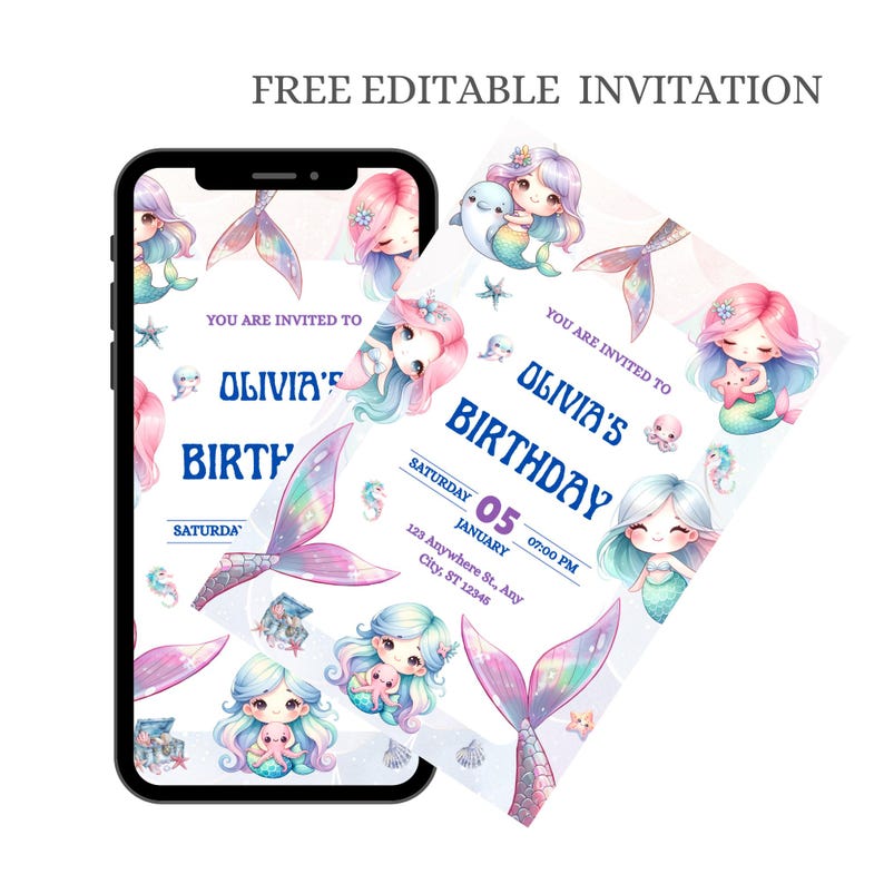 May include: A digital invitation on a smartphone and a printed card featuring mermaid illustrations. The invitation reads "Olivia's Birthday" with the date, time, and location. The design includes mermaids, seahorses, and a dolphin.