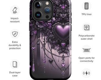 Tough Case for iPhone® 15, 14, 13, 12, 11 Mini, Pro, Pro Max, Plus - Gothic Phone Case - Purple Heart Phone Case - Unique Phone Case