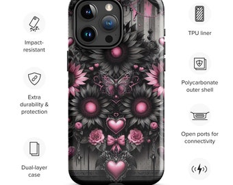 Tough Case for iPhone® 15, 14, 13, 12, 11 Mini, Pro, Pro Max, Plus - Gothic Phone Case - Black Sunflower Phone Case - Unique Phone Case