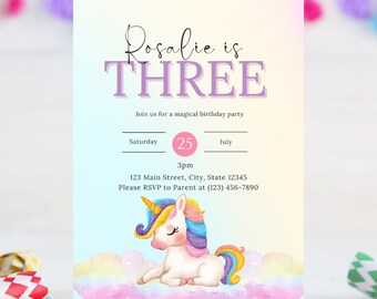 Invitación de cumpleaños de unicornio, invitación de cumpleaños en colores pastel, invitación de cumpleaños personalizable
