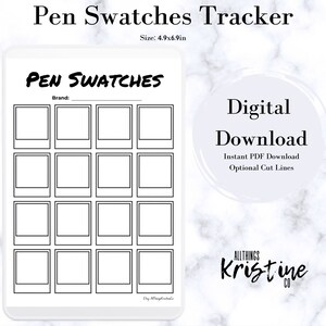 May include: Printable pen swatch tracker with 18 squares for recording pen colors. The tracker is 4.9 inches by 6.9 inches and includes a space to write the brand name. The text "Pen Swatches" is at the top of the page.