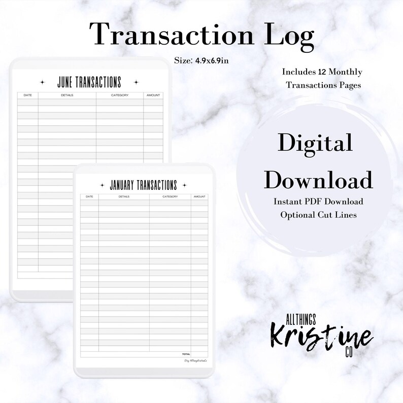 Transaction Log | Planner Printable | PDF Instant Download | 4.9x6.9 In ...