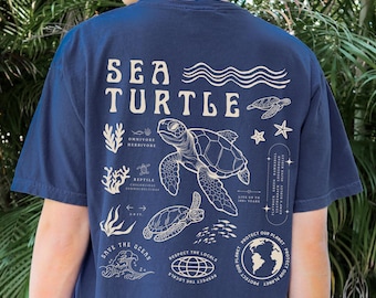 May include: A navy blue t-shirt with a graphic of a sea turtle and the text "SEA TURTLE" on the back. The graphic also includes the text "SAVE THE SEAS", "RESPECT THE LOCALS", and "PROTECT OUR PLANET".