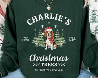 Sudadera navideña personalizada con diseño de beagle, suéter navideño personalizado para perro, regalo de Navidad para mamá beagle, camiseta para amantes de los beagles, suéter navideño con diseño de árboles de Navidad.