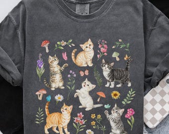 Camiseta de gatito, camiseta de gatos cottagecore, camiseta floral de gatitos, lindos gatitos, camiseta vintage de flores, regalo para amantes de los gatos, camiseta para mamá gata, regalos para gatitos, primavera