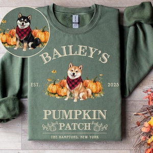 Pode incluir: Camisola verde com o texto "Bailey's Pumpkin Patch" e um gráfico de um cão Shiba Inu usando uma bandana xadrez vermelha e preta, rodeado por abóboras. O texto "The Hamptons, New York" também está incluído.