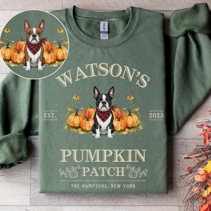May include: Green sweatshirt with the text "Watson's Pumpkin Patch" and a graphic of a Boston Terrier dog wearing a red bandana, surrounded by pumpkins. The sweatshirt also includes the text "The Hamptons, New York" and the year "2025".
