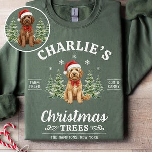 Może przedstawiać: Zielona bluza z nadrukiem psa w czapce Świętego Mikołaja i muszce, otoczonego choinkami. Tekst brzmi "Charlie's Christmas Trees, The Hamptons, New York". Zawiera mniejszą okrągłą grafikę psa. Cukrowe laski w pierwszym planie.