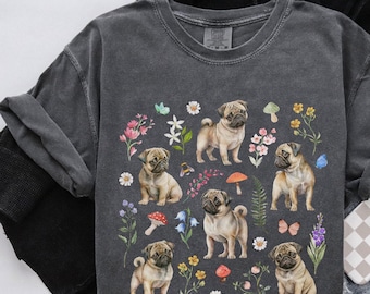 Pug Shirt Cottagecore Dogs T-Shirt Floral Pug Tee Vintage Wildflowers Shirt Dog Person Gift for Dog Mom tshirt Dog Lovers Gifts Pugs Mom