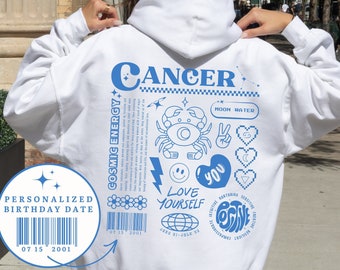 Sudadera con capucha del zodiaco Cáncer: regalo astrológico del año 2000, cumpleaños personalizado