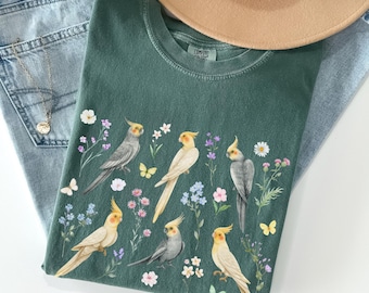 Cockatiel shirt, Cottagecore cockatiel t shirt, Cockatiel mom tee, Bird mom gift, Bird lady tshirt, Cute bird tee, Vintage Floral Aesthetic