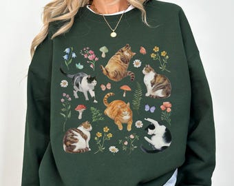 Cat Cottagecore Sweatshirt Floral Cats Shirt Vintage Wildflowers Kitten Sweater Flowers Cat Sweatshirt for Cat Person Gift for Cat Lovers