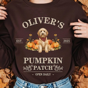 May include: A dark brown sweatshirt featuring the text "OLIVER'S PUMPKIN PATCH" and a dog graphic with a bandana, surrounded by pumpkins. The sweatshirt also has the text "EST. 2025" and "OPEN DAILY".
